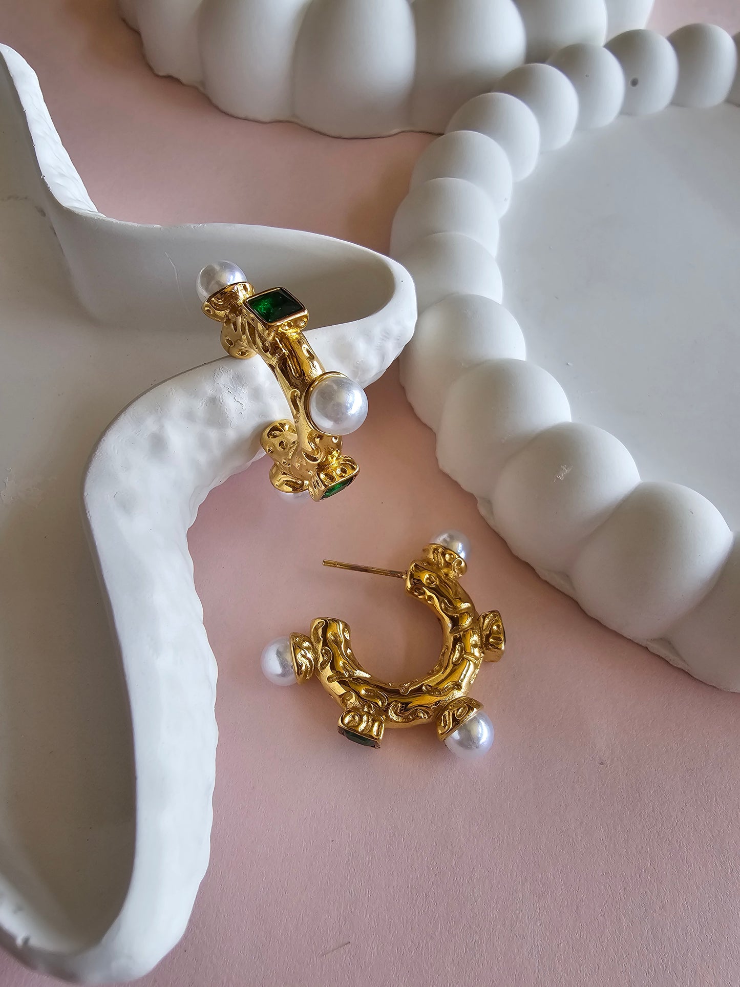 Regal Pearl & Emerald Huggie Hoops