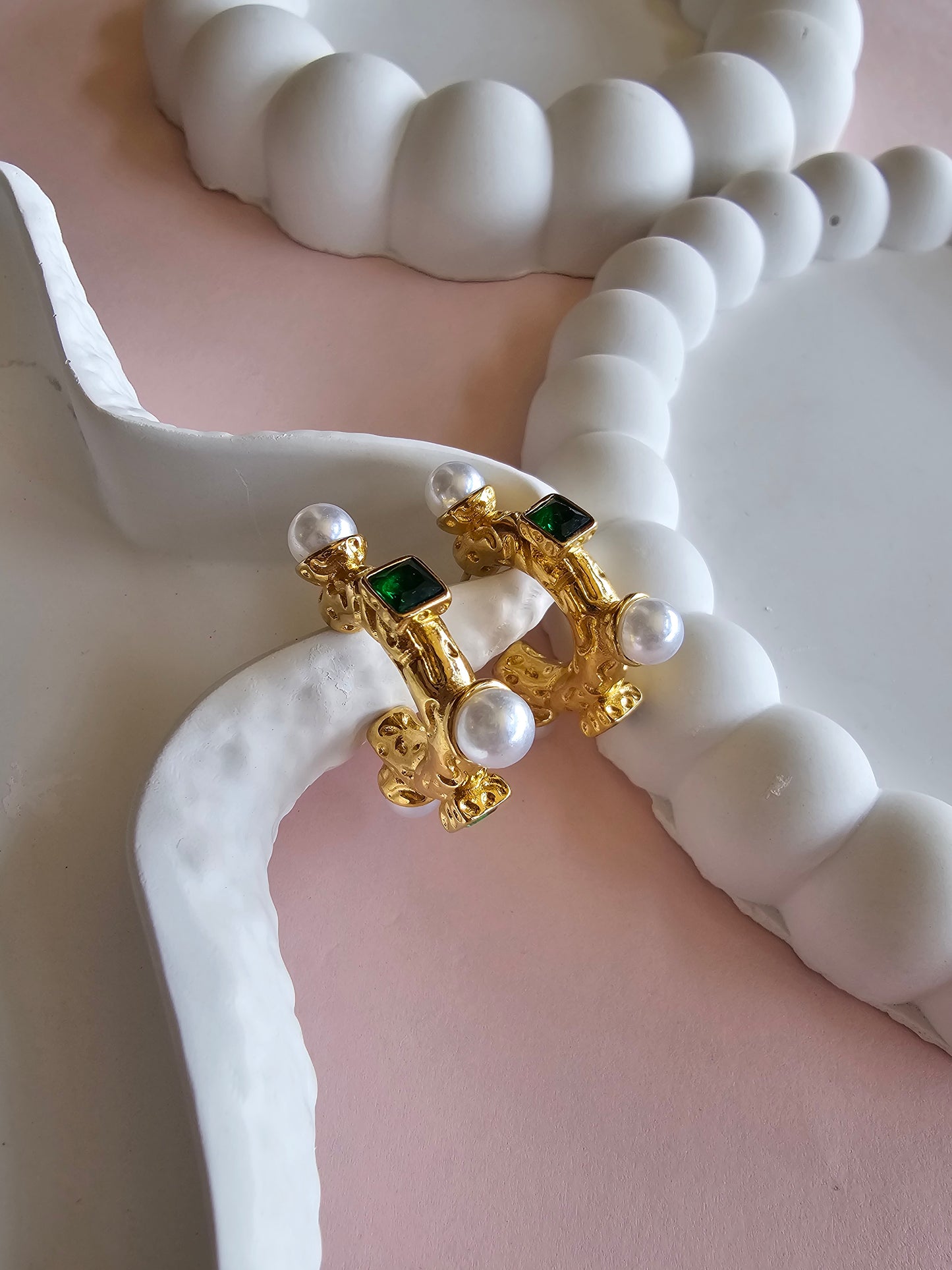 Regal Pearl & Emerald Huggie Hoops