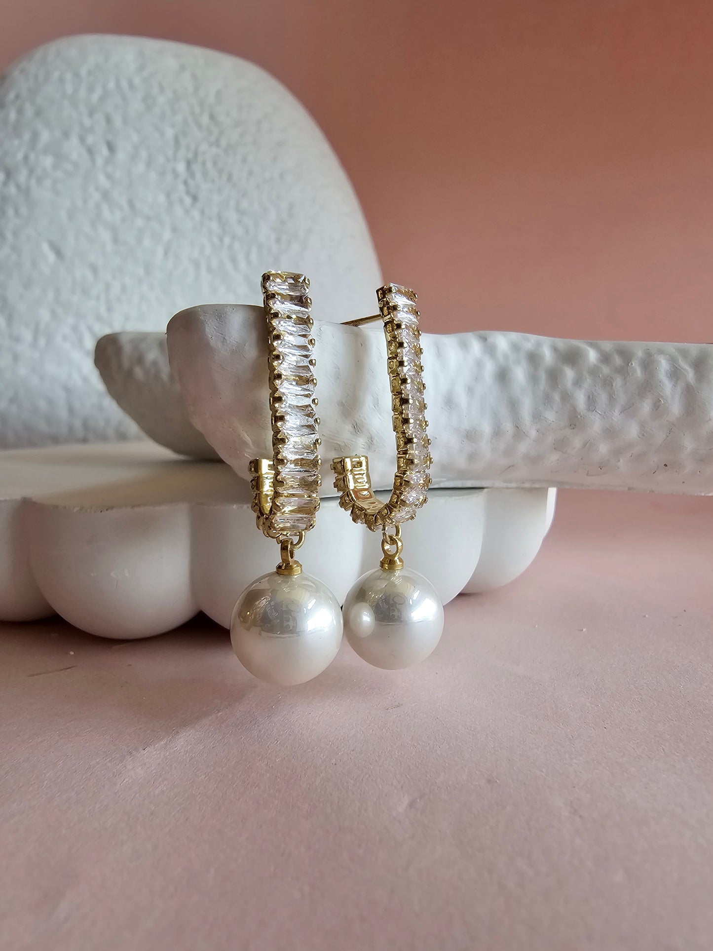 Baguette Pearl Drop Hoops