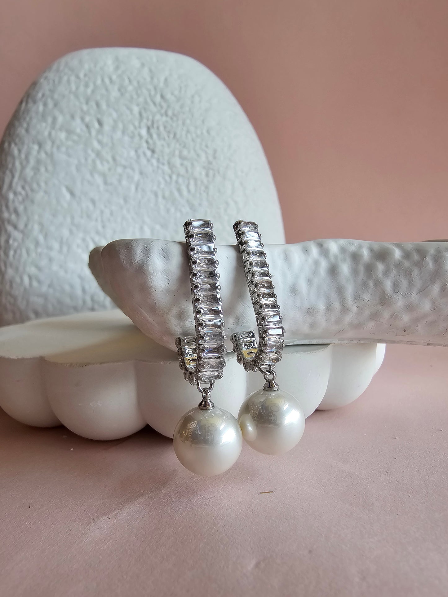 Baguette Pearl Drop Hoops