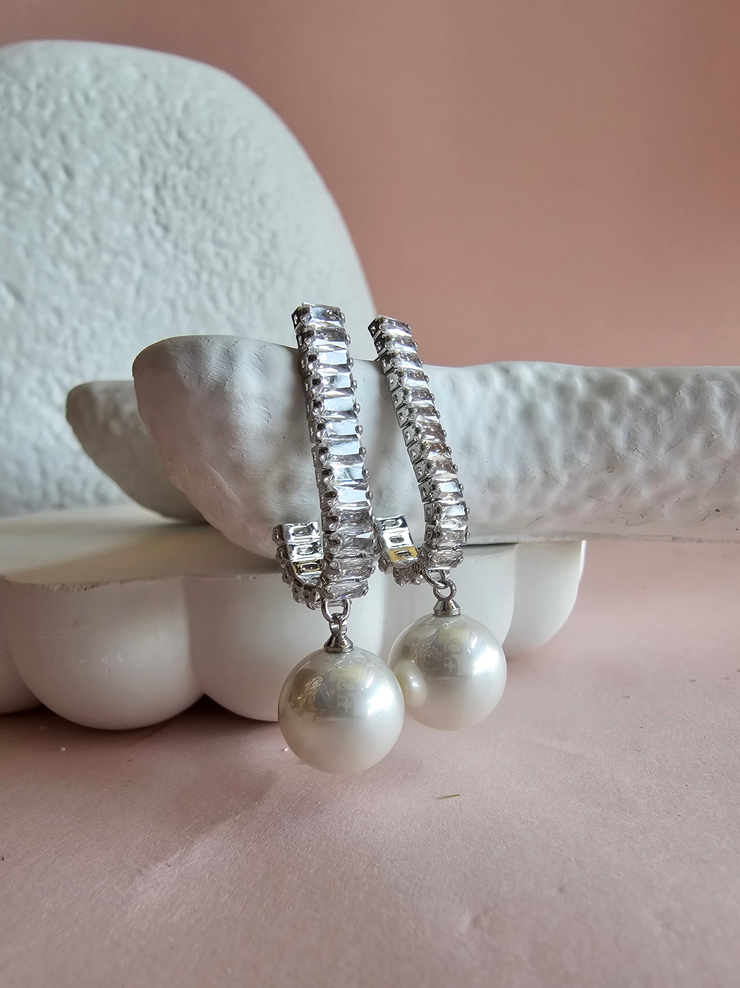 Baguette Pearl Drop Hoops