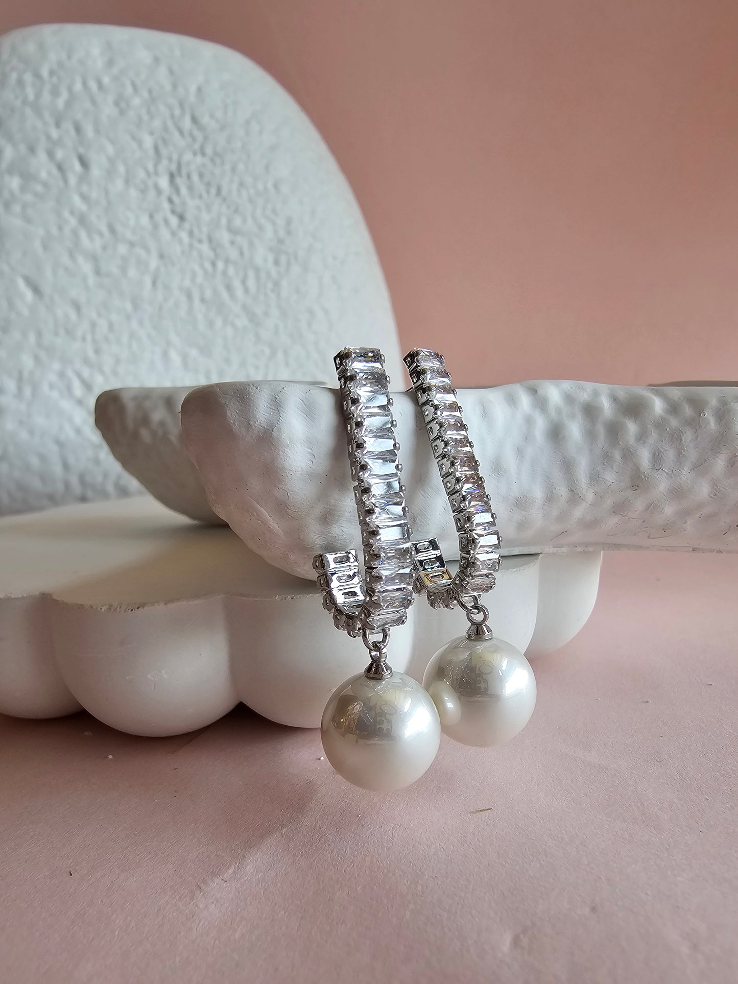Baguette Pearl Drop Hoops