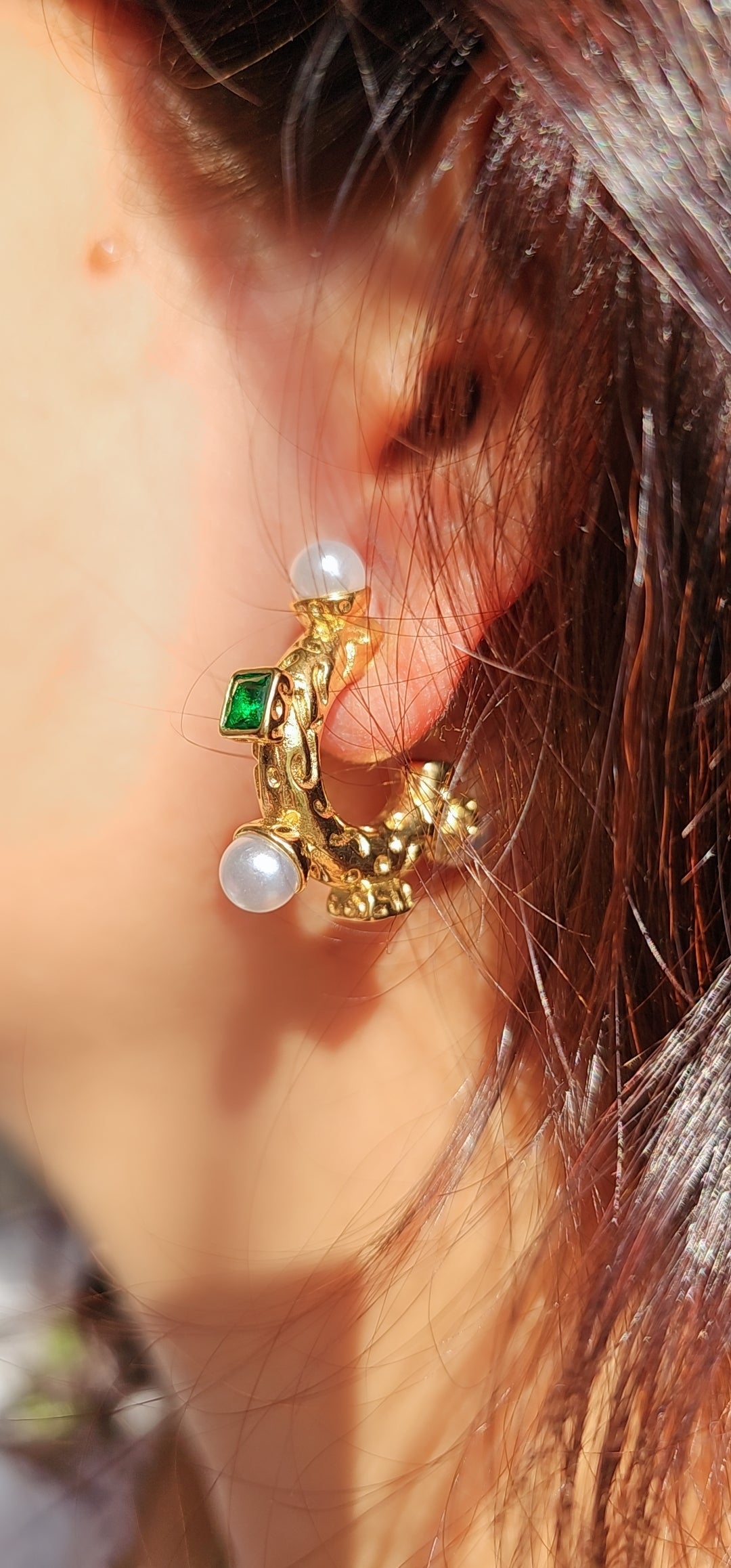 Regal Pearl & Emerald Huggie Hoops