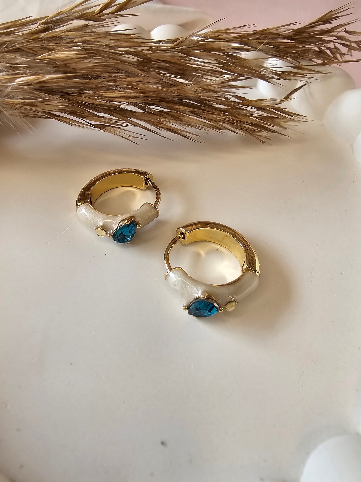 Pearl Enamel & Blue CZ Huggie Hoops