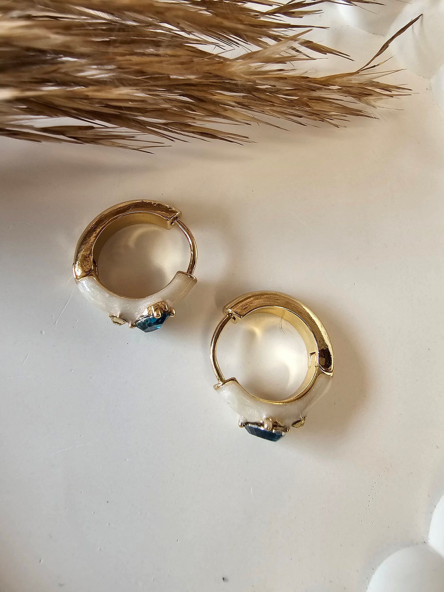 Pearl Enamel & Blue CZ Huggie Hoops