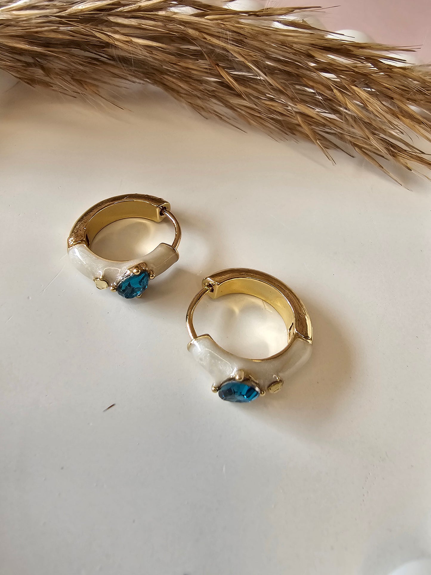 Pearl Enamel & Blue CZ Huggie Hoops