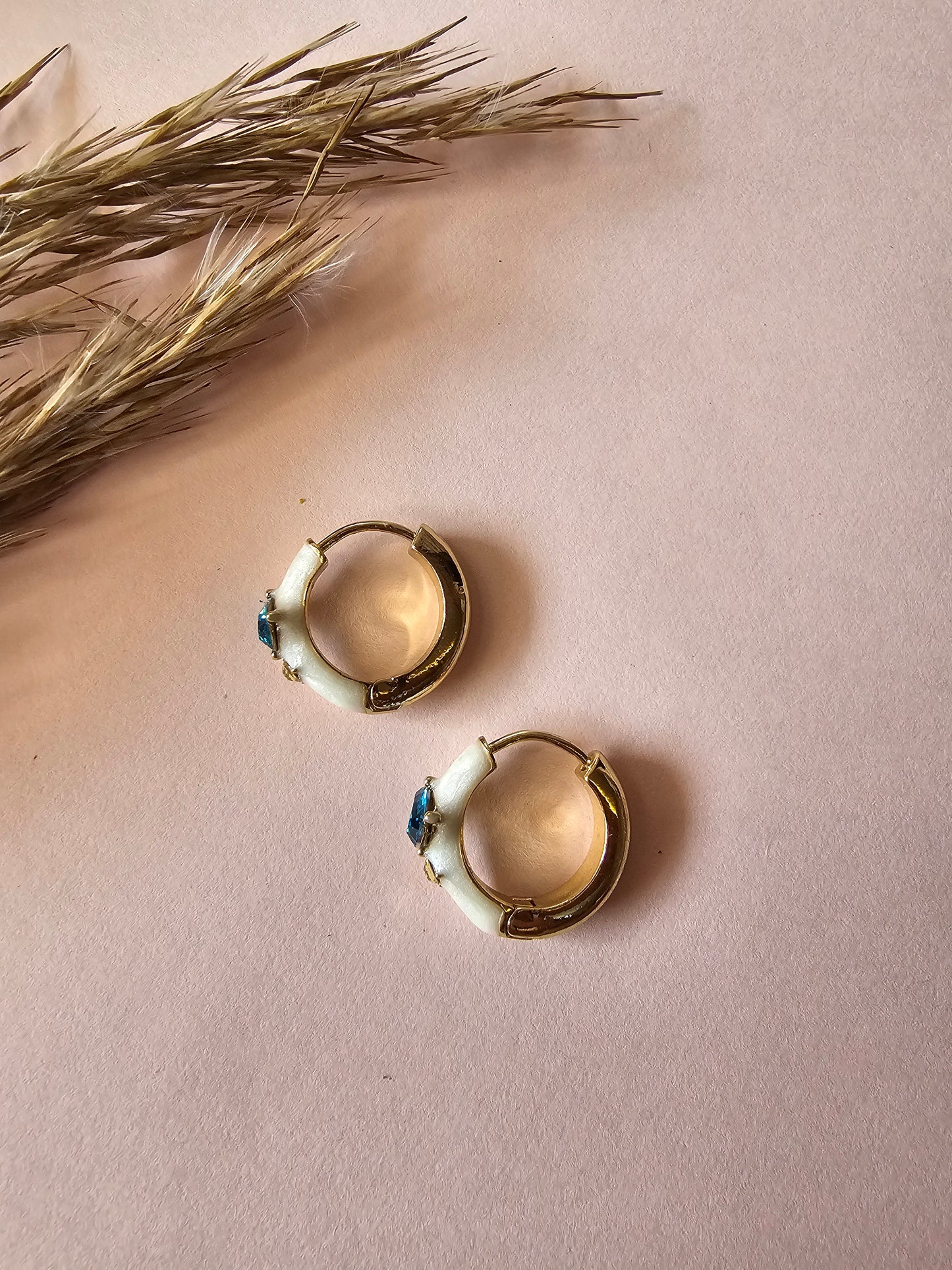 Pearl Enamel & Blue CZ Huggie Hoops