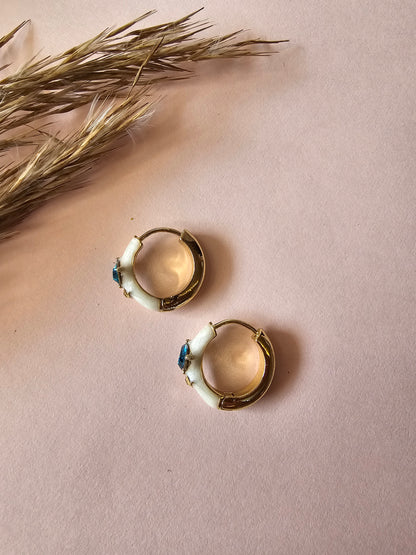 Pearl Enamel & Blue CZ Huggie Hoops