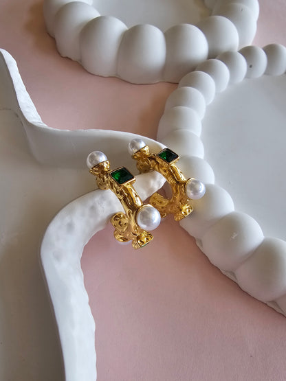 Regal Pearl & Emerald Huggie Hoops
