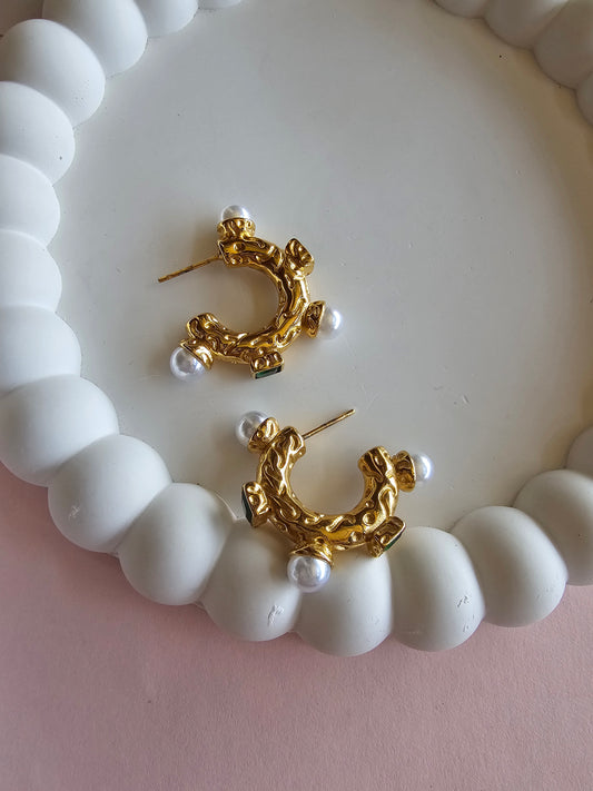 Regal Pearl & Emerald Huggie Hoops