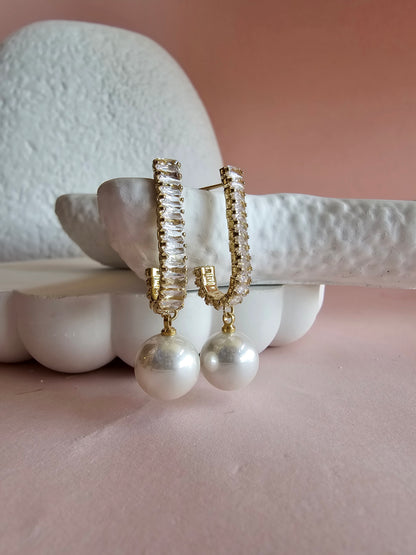 Baguette Pearl Drop Hoops