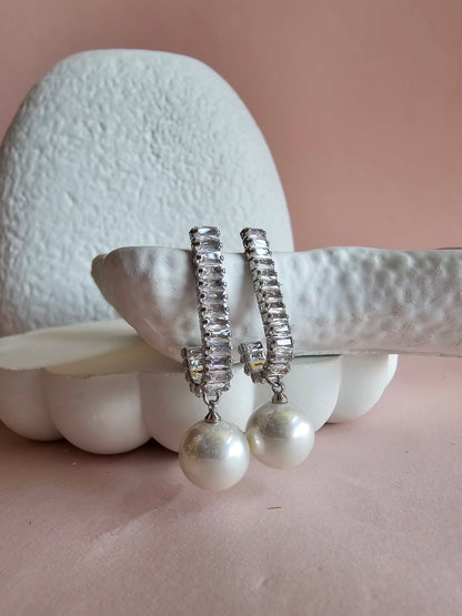 Baguette Pearl Drop Hoops