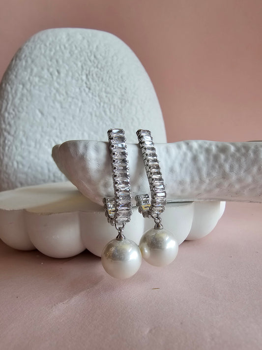 Baguette Pearl Drop Hoops