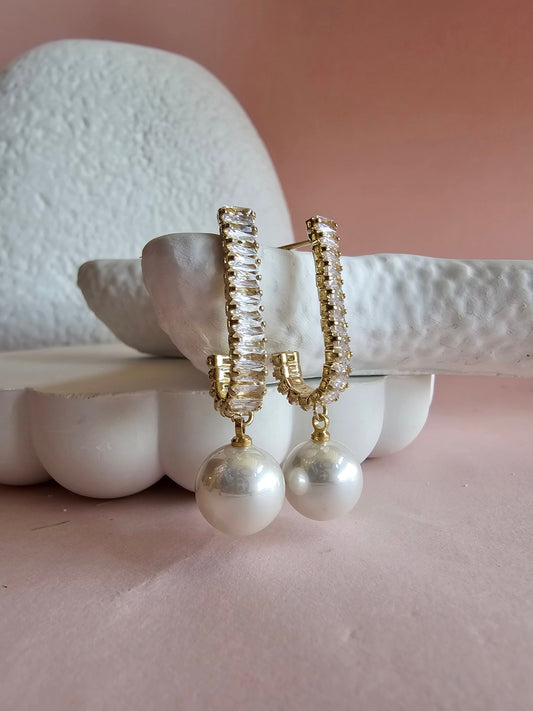 Baguette Pearl Drop Hoops-golden
