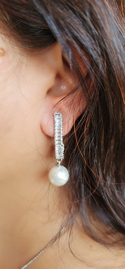 Baguette Pearl Drop Hoops-Silver